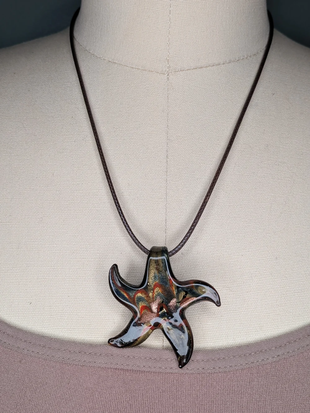 Art Glass Starfish Pendant Necklace Copper Aventurine Gold Shimmer